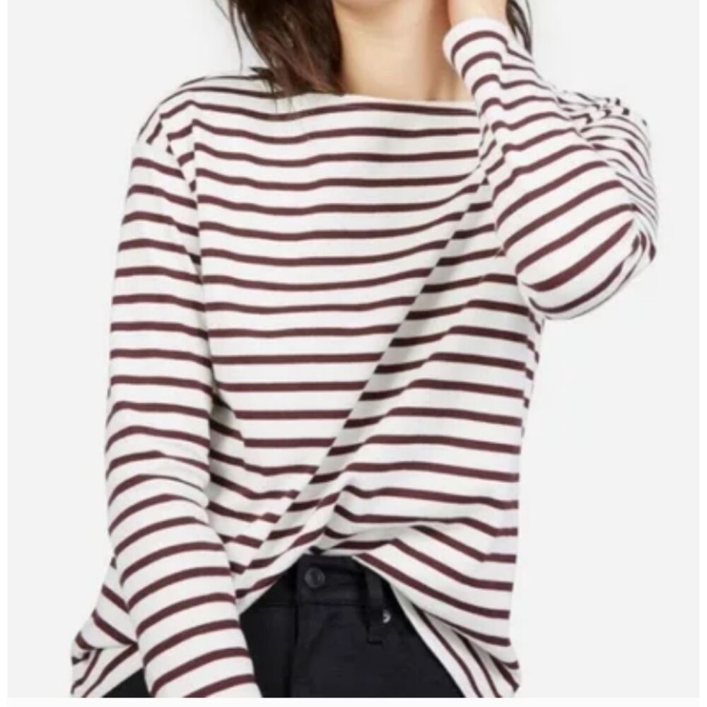 Everlane Women Long Sleeve Thin Burgundy Striped Tee Size XS, Heavy Weight Knit